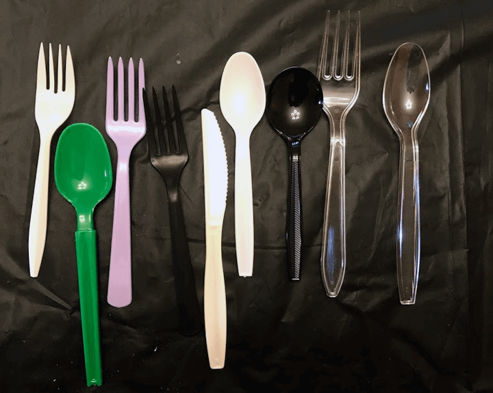 Examples of severaly different types of disposable plastic cutlery